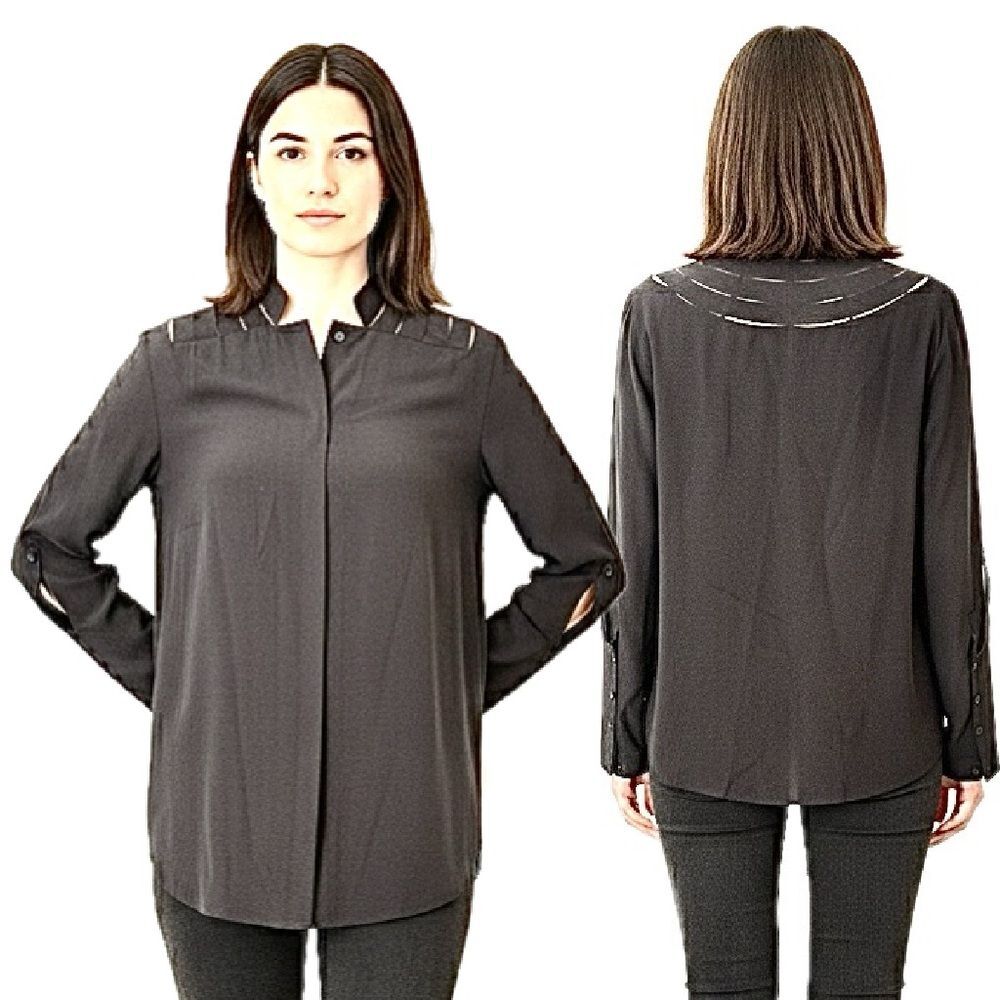 Akris Punto Black 100% Silk Blouse Laser-Cut Lattice Detail Roll-Tab Sleeves 8